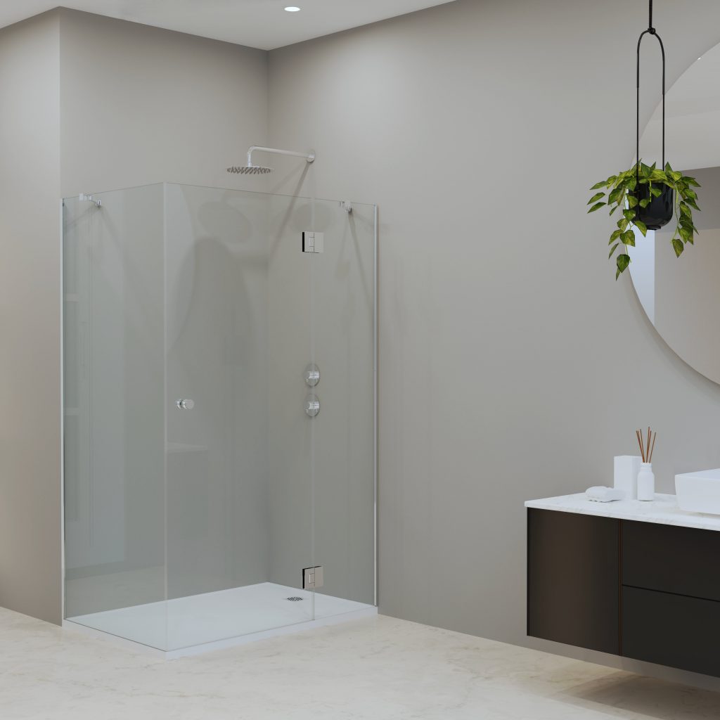 Mampara angular dos paneles fijos y uno abatible