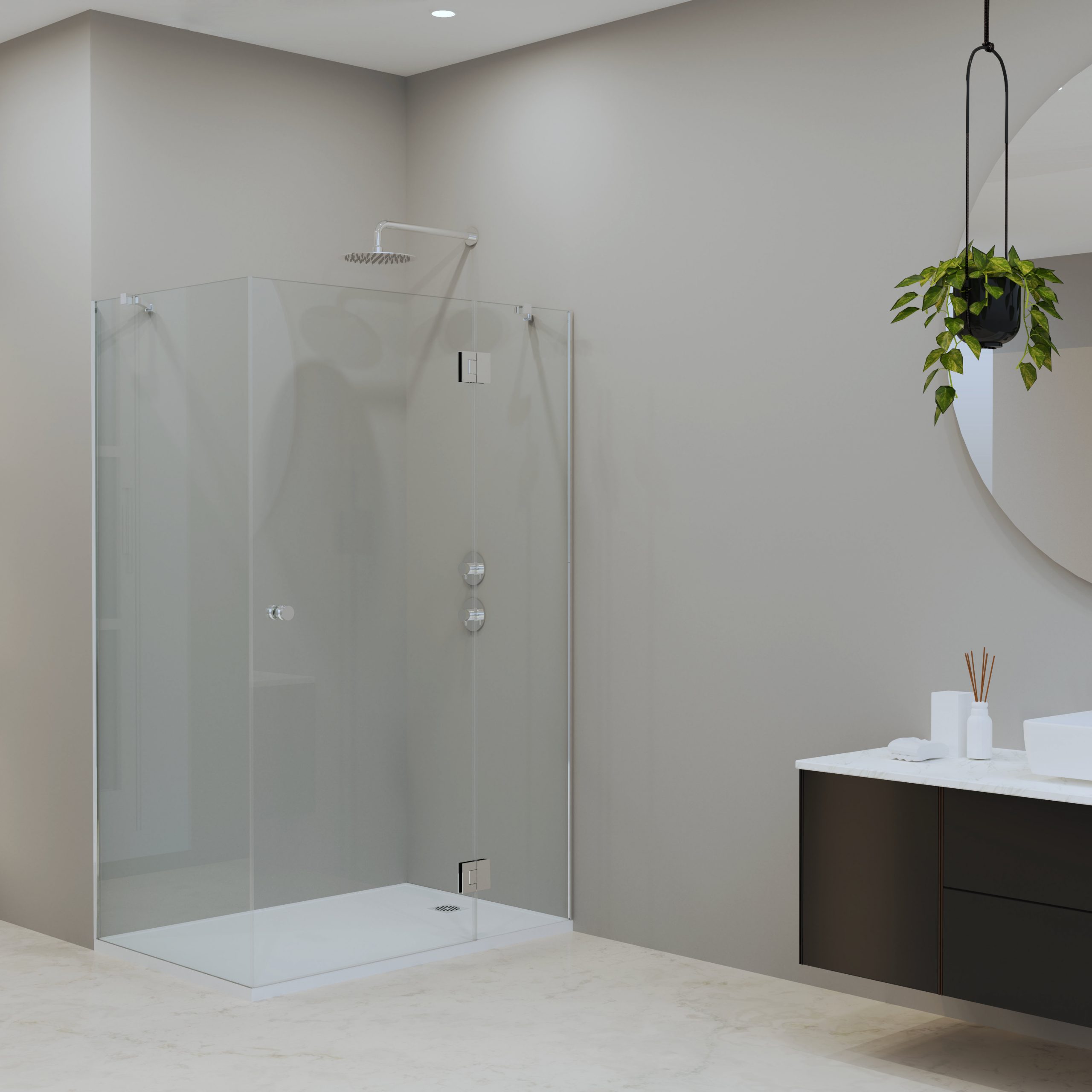 Mampara angular dos paneles fijos y uno abatible