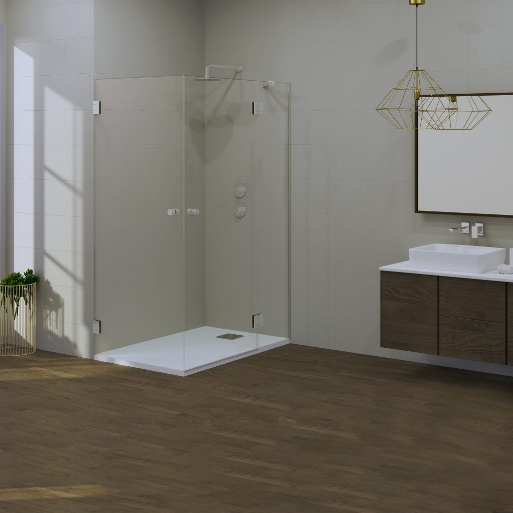 Mampara dos hojas abatibles y un panel fijo