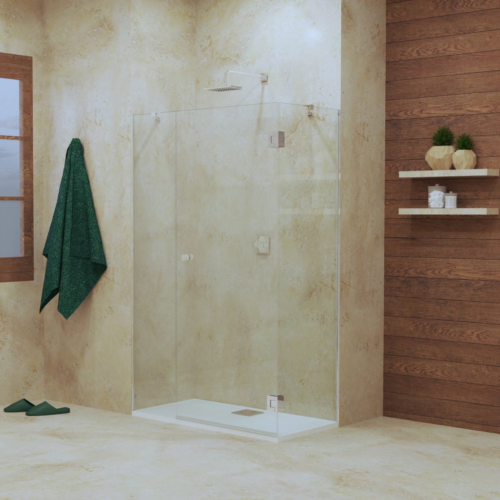 Mampara dos paneles fijos y una hoja abatible